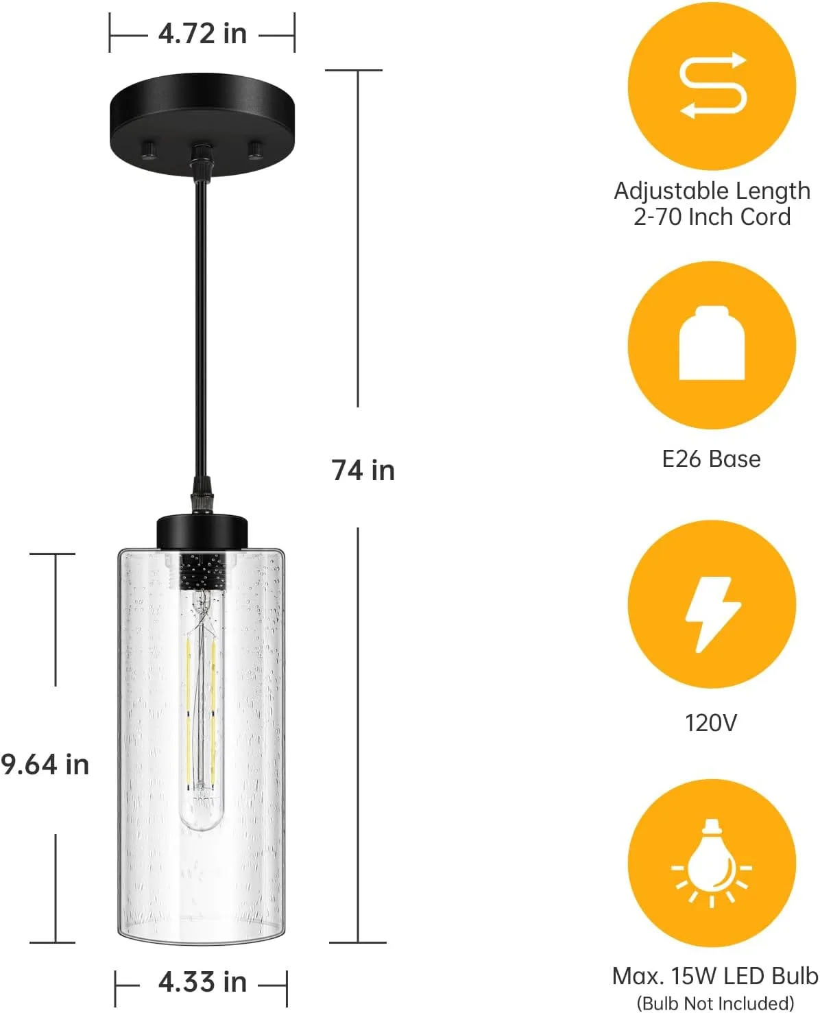 BoostArea Modern Pendant Lights, Industrial Hanging Ceiling Lamp with Seeded Glass Shade, Farmhouse Pendant Lighting for Kitchen Island Living Room Hallway Bedroom Dining Hall Bar（Bulb Included）