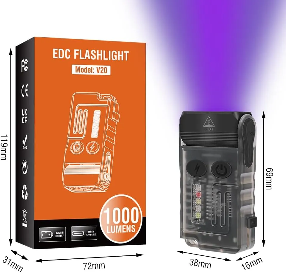 BORUIT V20 Small Flashlight EDC Flashlight with Clip,365nm UV,180°Head Swivels,Super Bright USB C Rechargeable Mini Pocket Keychain Flash Light,110DB Buzzer,with COB Light-13 Mode(Black UV Edition)