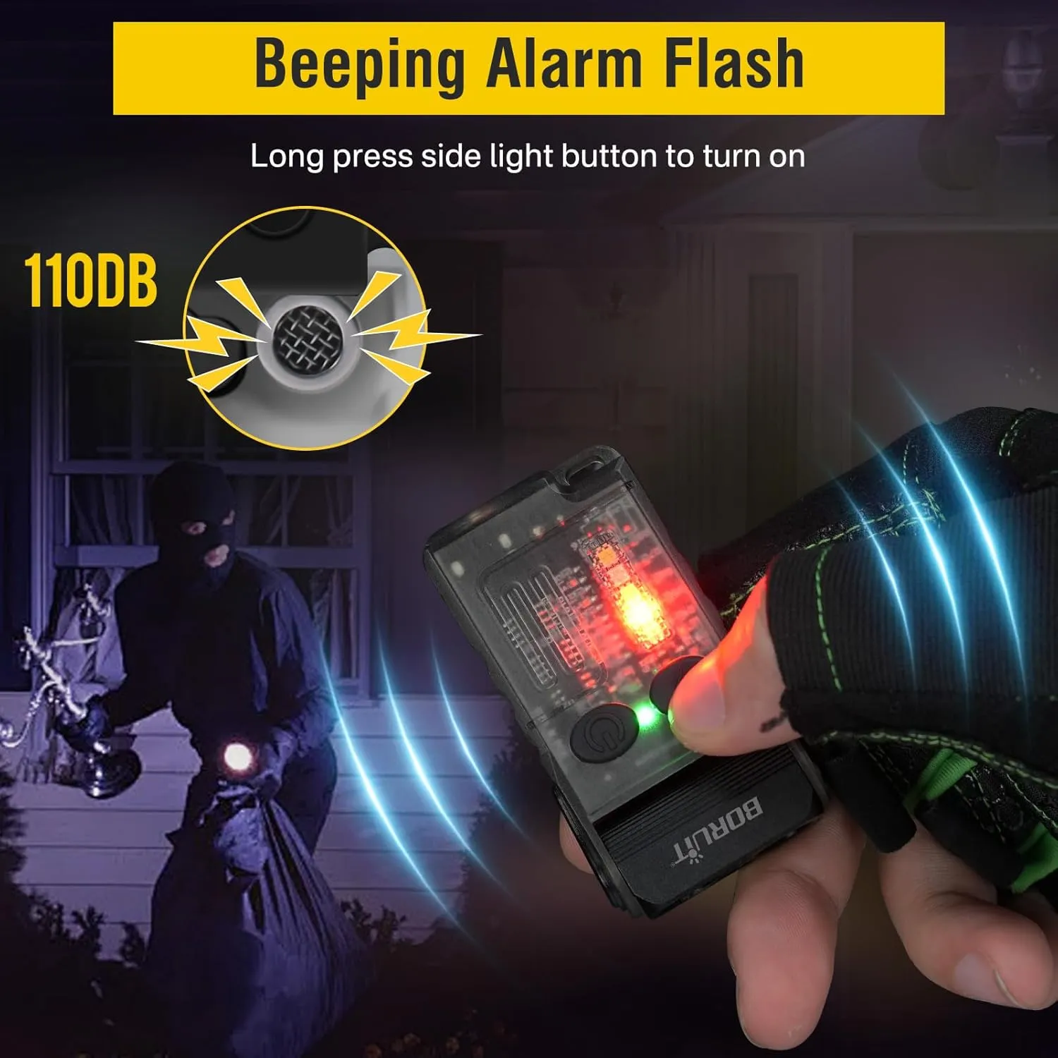 BORUIT V20 Small Flashlight EDC Flashlight with Clip,365nm UV,180°Head Swivels,Super Bright USB C Rechargeable Mini Pocket Keychain Flash Light,110DB Buzzer,with COB Light-13 Mode(Black UV Edition)