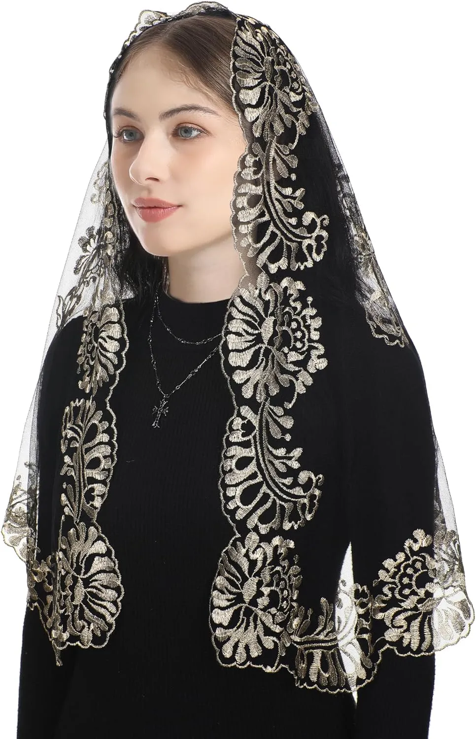 Bozidol Church Triangular Head covering - Cross Chalice Embroidered Vintage Church Veil for Women
