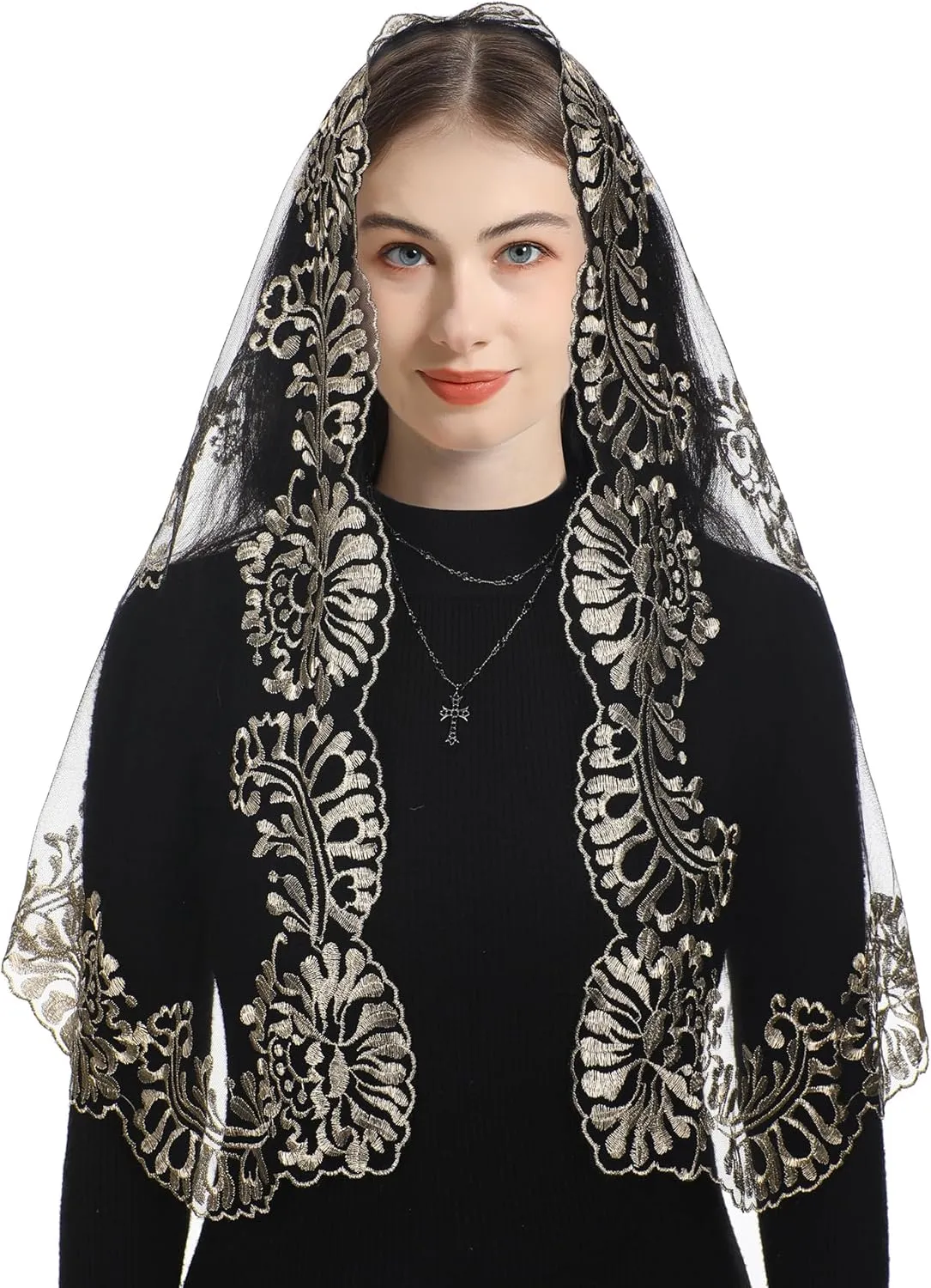Bozidol Church Triangular Head covering - Cross Chalice Embroidered Vintage Church Veil for Women
