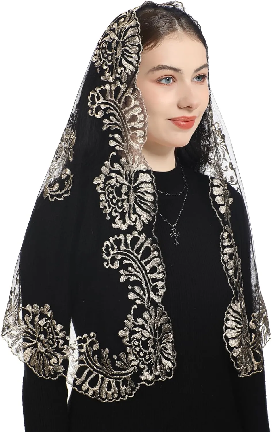 Bozidol Church Triangular Head covering - Cross Chalice Embroidered Vintage Church Veil for Women