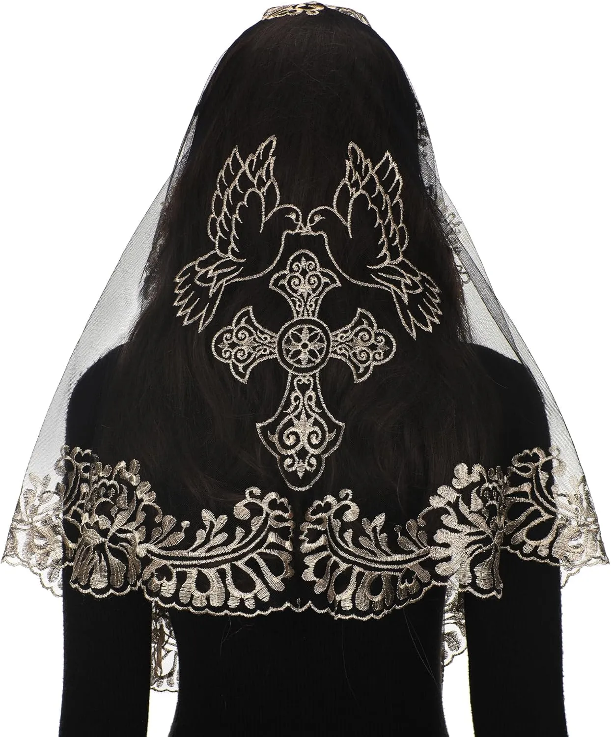 Bozidol Church Triangular Head covering - Cross Chalice Embroidered Vintage Church Veil for Women