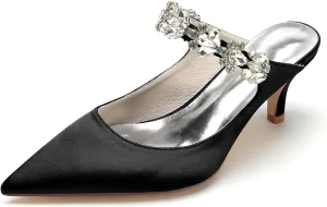 Bridal Dress Heeled Sandals Wedding Shoes Slip on Slingback Women's Pointed Satin Rhinestone Prom Party Dress Pumps