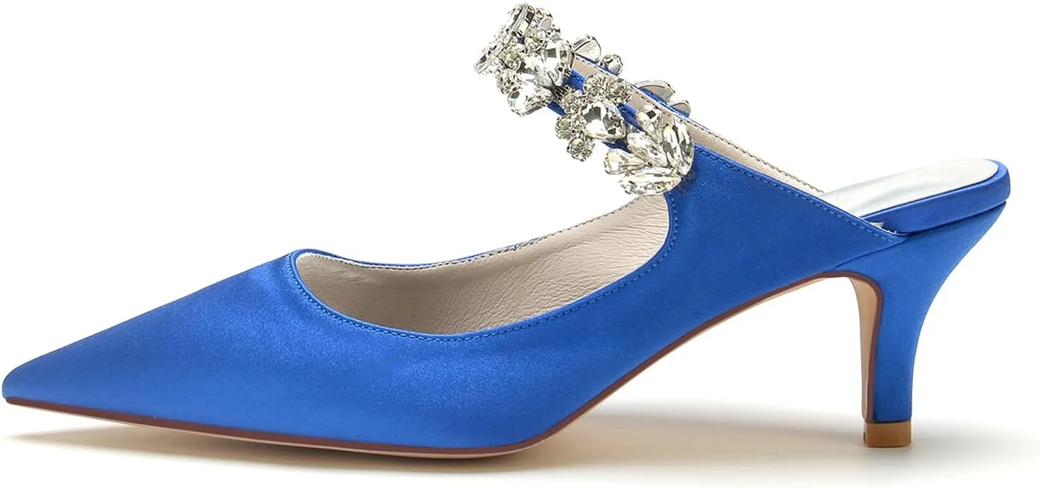 Bridal Dress Heeled Sandals Wedding Shoes Slip on Slingback Women's Pointed Satin Rhinestone Prom Party Dress Pumps