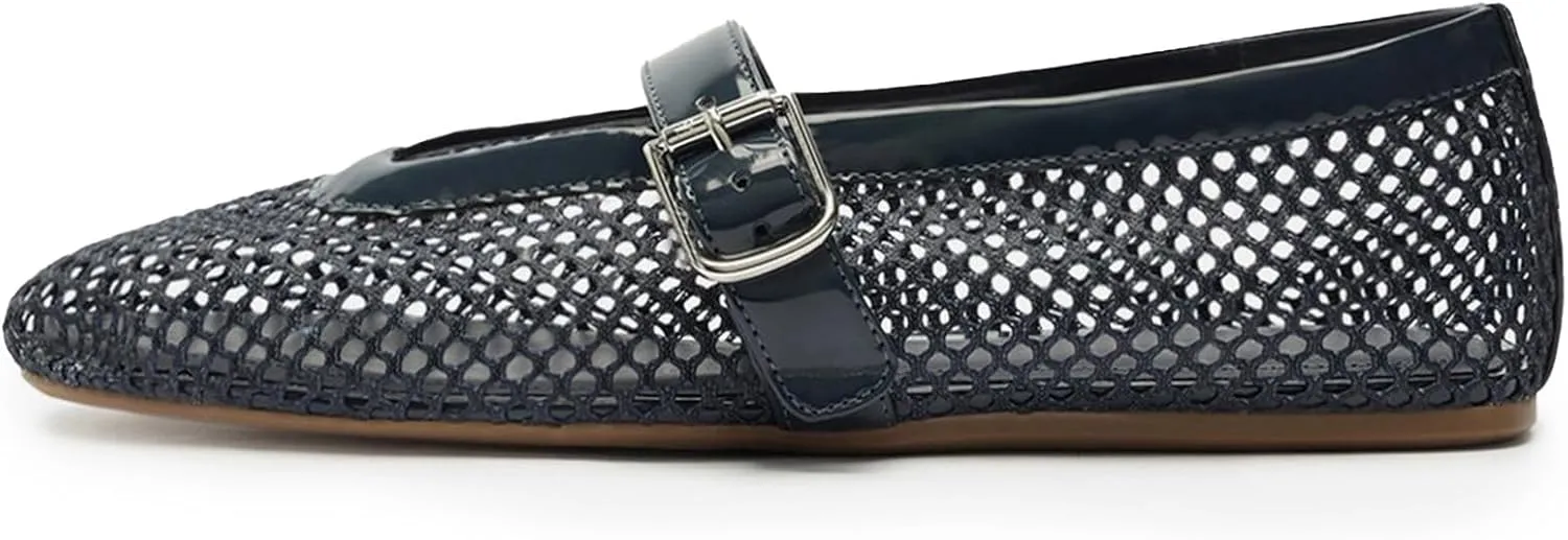Buckle Strap Mesh Ballet Flats for Womens, Mary Jane Round Toe Slip On Dress Ballerinas Soft Shoes