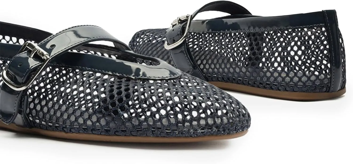Buckle Strap Mesh Ballet Flats for Womens, Mary Jane Round Toe Slip On Dress Ballerinas Soft Shoes