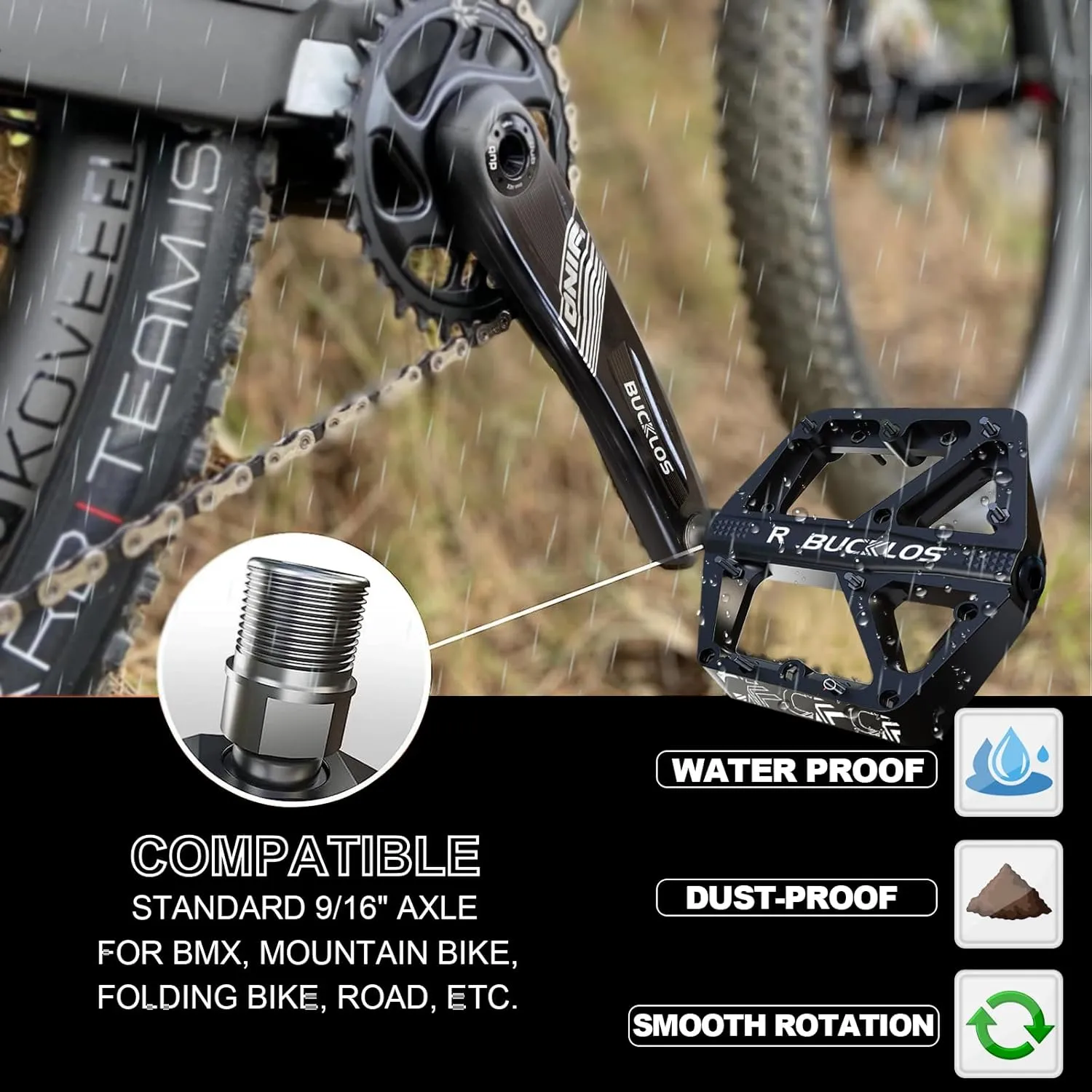 BUCKLOS Mountain Bike Pedals MTB Pedals Flat, Adult Bicycle Road Bike Large Platform Nylon Non-Slip Pedal for Gravel Bike/Hybrid Bike 9/16"