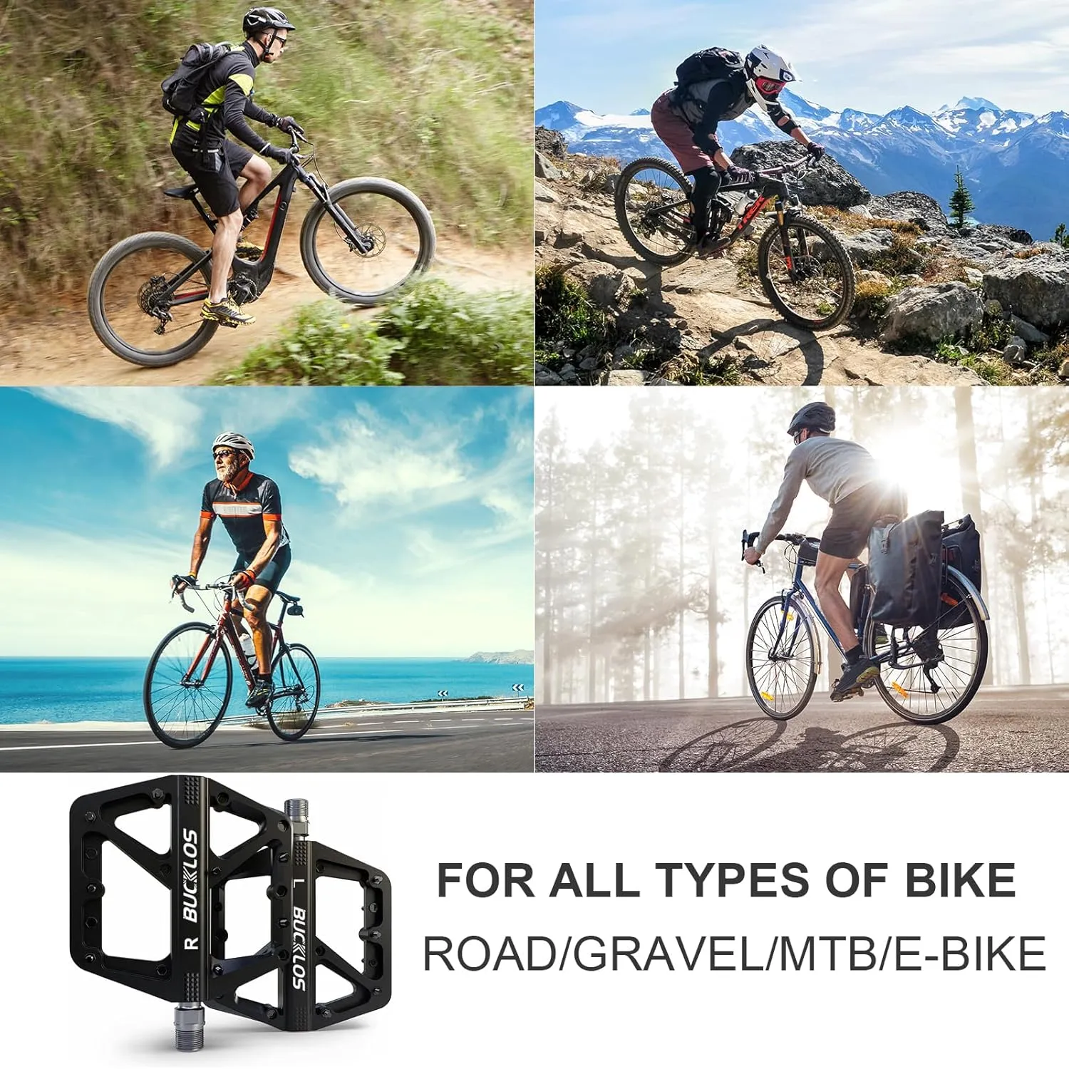 BUCKLOS Mountain Bike Pedals MTB Pedals Flat, Adult Bicycle Road Bike Large Platform Nylon Non-Slip Pedal for Gravel Bike/Hybrid Bike 9/16"