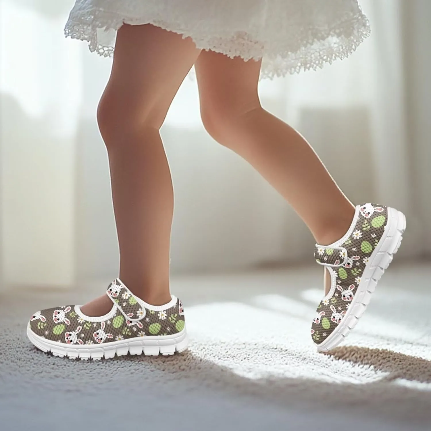 Bunny Print Girls Mary Jane Shoes Toddler Dress Shoes for Holiday Party Flats Low Top Non Slip Kids Mesh Shoes