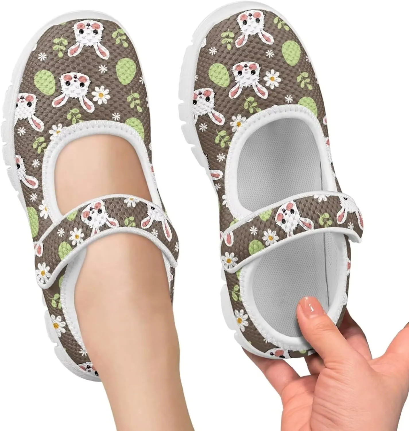 Bunny Print Girls Mary Jane Shoes Toddler Dress Shoes for Holiday Party Flats Low Top Non Slip Kids Mesh Shoes