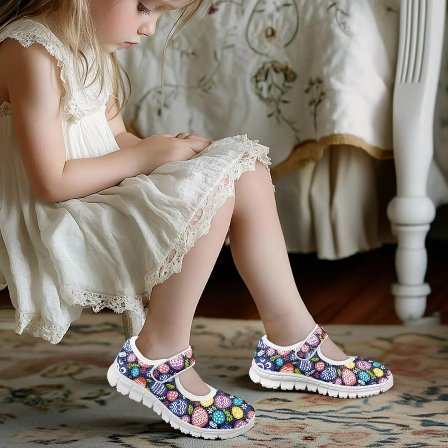 Bunny Print Girls Mary Jane Shoes Toddler Dress Shoes for Holiday Party Flats Low Top Non Slip Kids Mesh Shoes