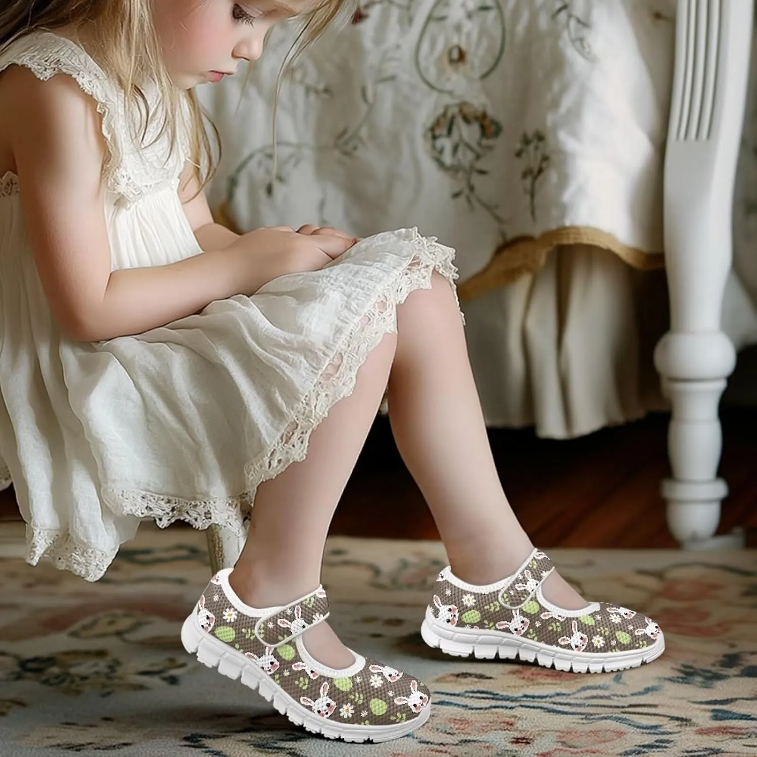 Bunny Print Girls Mary Jane Shoes Toddler Dress Shoes for Holiday Party Flats Low Top Non Slip Kids Mesh Shoes