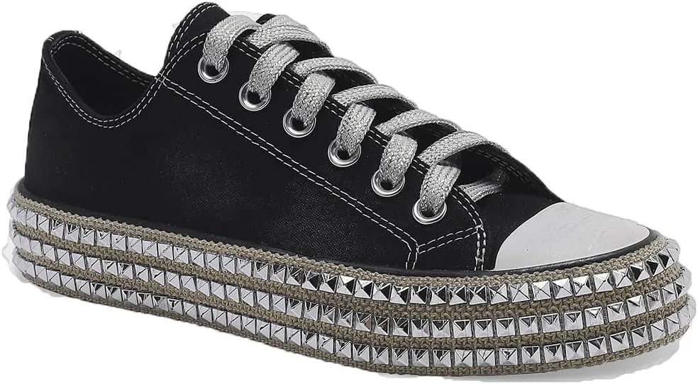 Canvas Sneakers Studded Rhinestone Side Shoes Lace Up Fashion Shoes Casual Platform Ankle Boots for Women Girls