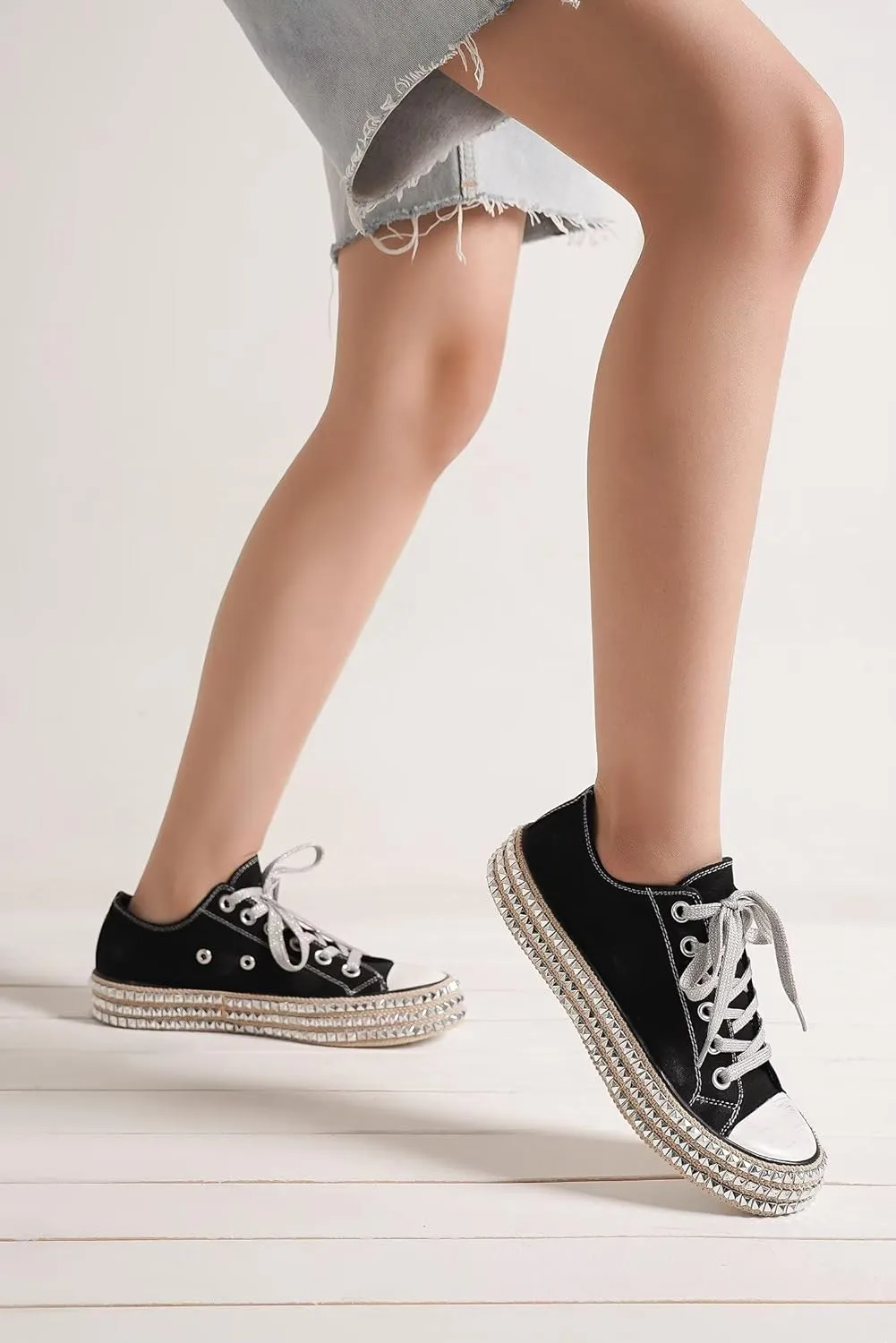Canvas Sneakers Studded Rhinestone Side Shoes Lace Up Fashion Shoes Casual Platform Ankle Boots for Women Girls