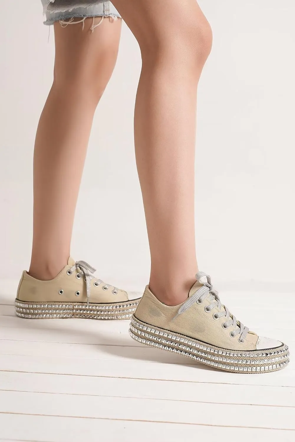 Canvas Sneakers Studded Rhinestone Side Shoes Lace Up Fashion Shoes Casual Platform Ankle Boots for Women Girls