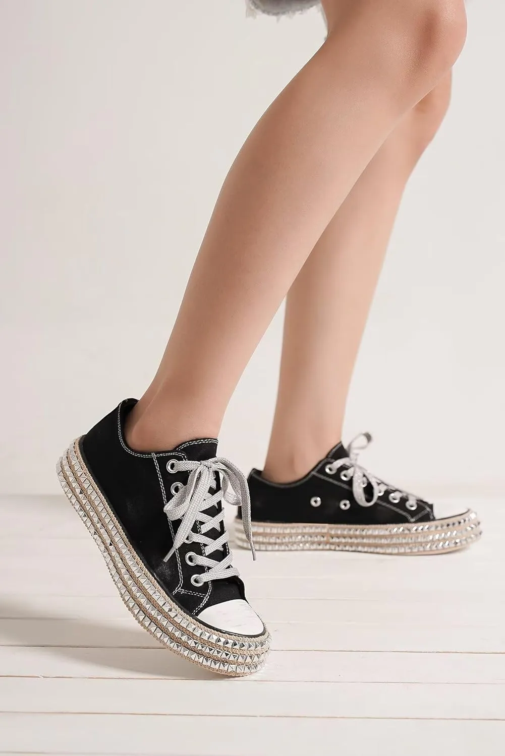 Canvas Sneakers Studded Rhinestone Side Shoes Lace Up Fashion Shoes Casual Platform Ankle Boots for Women Girls