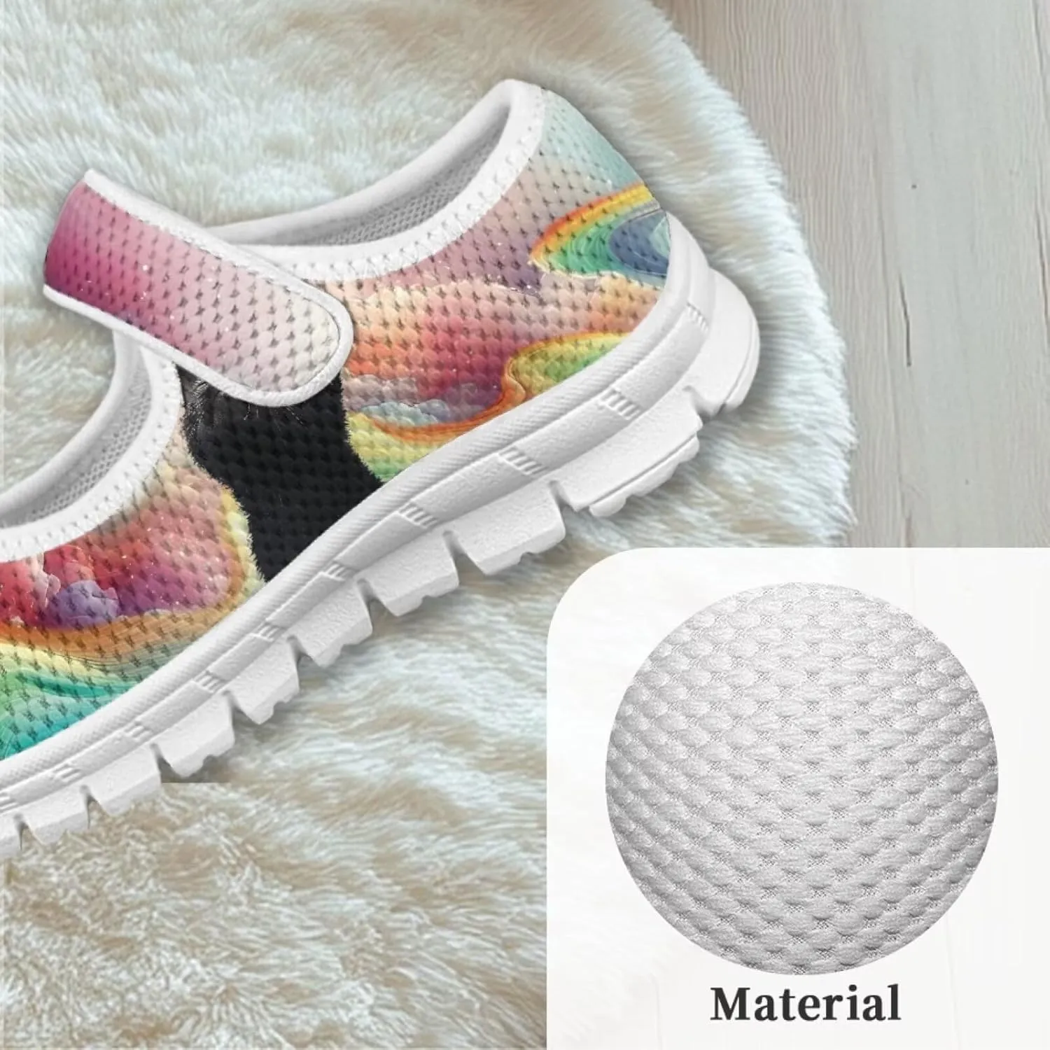 Cat Print Girls Mary Janes Shoes Breathable School Shoes Non Slip School Running Dress Shoes with Magic Sticker Strap