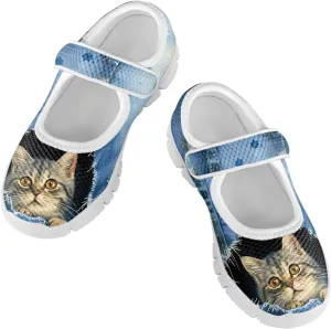 Cat Print Girls Mary Janes Shoes Breathable School Shoes Non Slip School Running Dress Shoes with Magic Sticker Strap