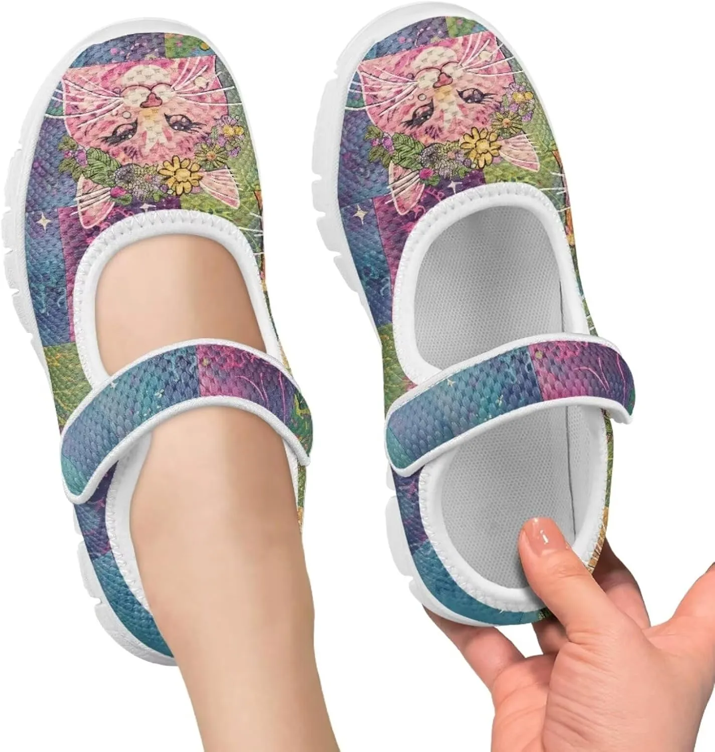 Cat Print Girls Mary Janes Shoes Breathable School Shoes Non Slip School Running Dress Shoes with Magic Sticker Strap