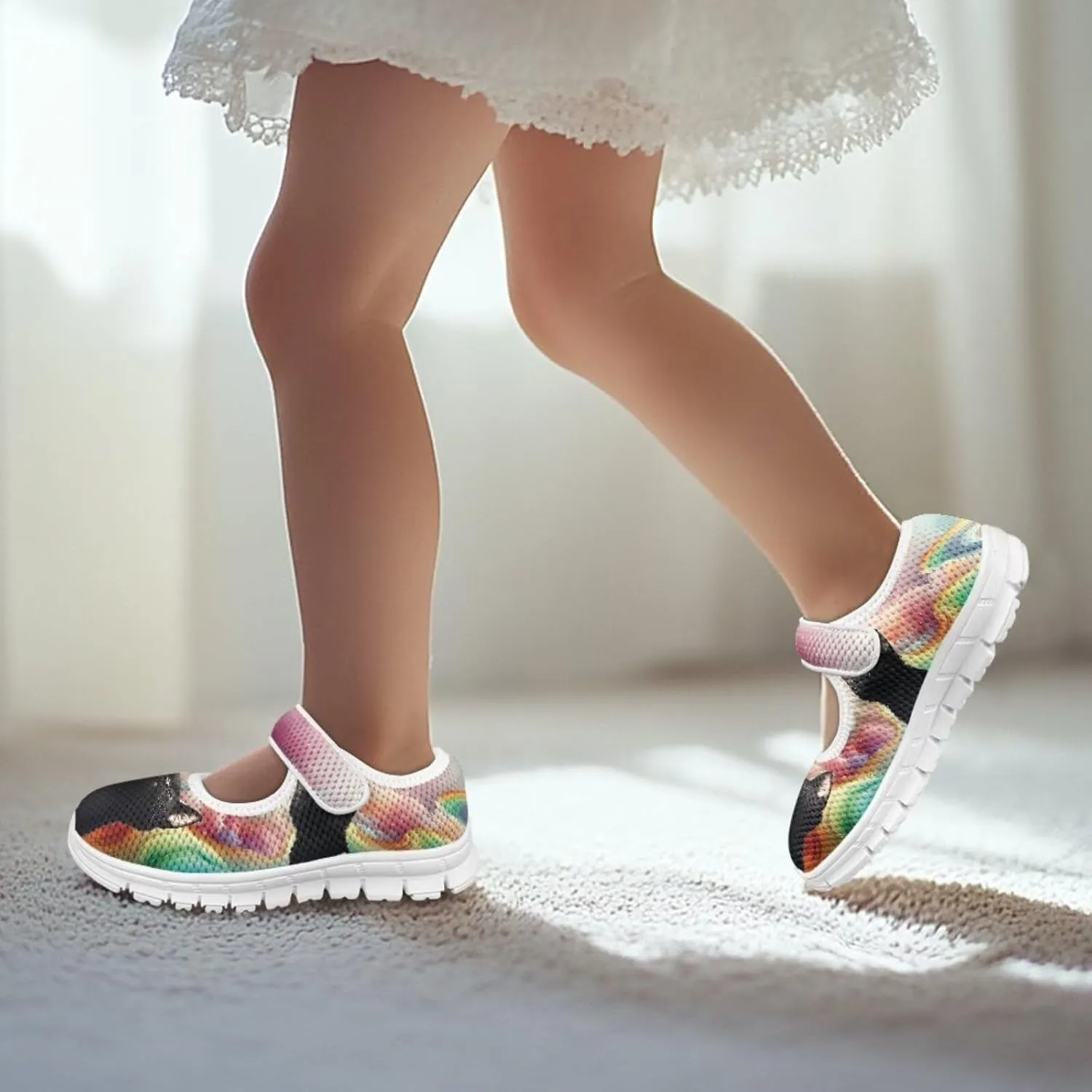 Cat Print Girls Mary Janes Shoes Breathable School Shoes Non Slip School Running Dress Shoes with Magic Sticker Strap