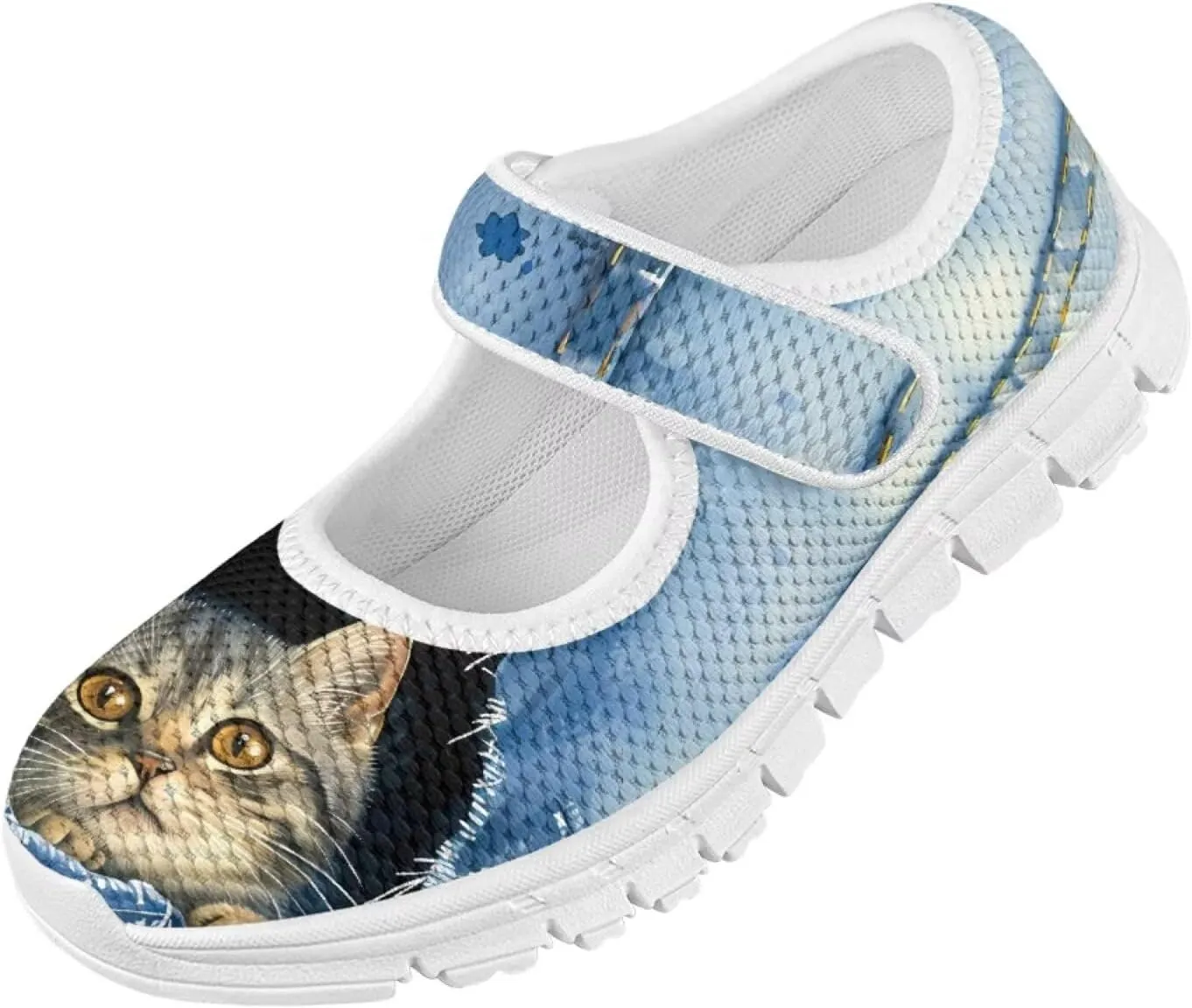 Cat Print Girls Mary Janes Shoes Breathable School Shoes Non Slip School Running Dress Shoes with Magic Sticker Strap