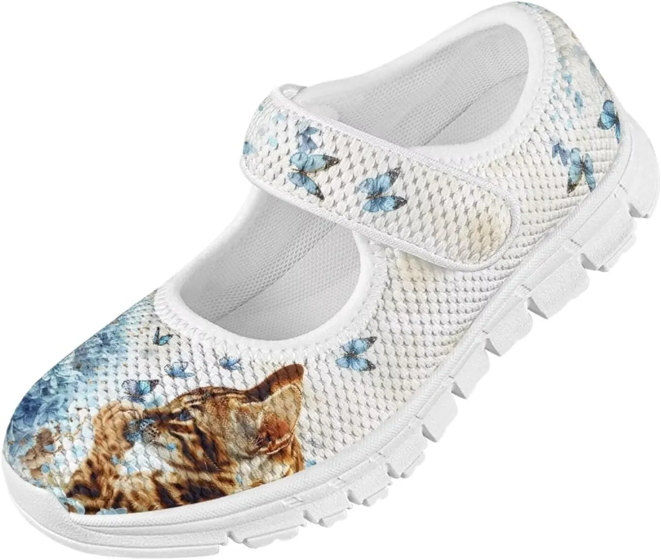 Cat Print Girls Mary Janes Shoes Breathable School Shoes Non Slip School Running Dress Shoes with Magic Sticker Strap