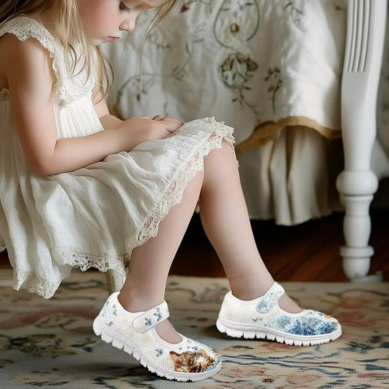 Cat Print Girls Mary Janes Shoes Breathable School Shoes Non Slip School Running Dress Shoes with Magic Sticker Strap