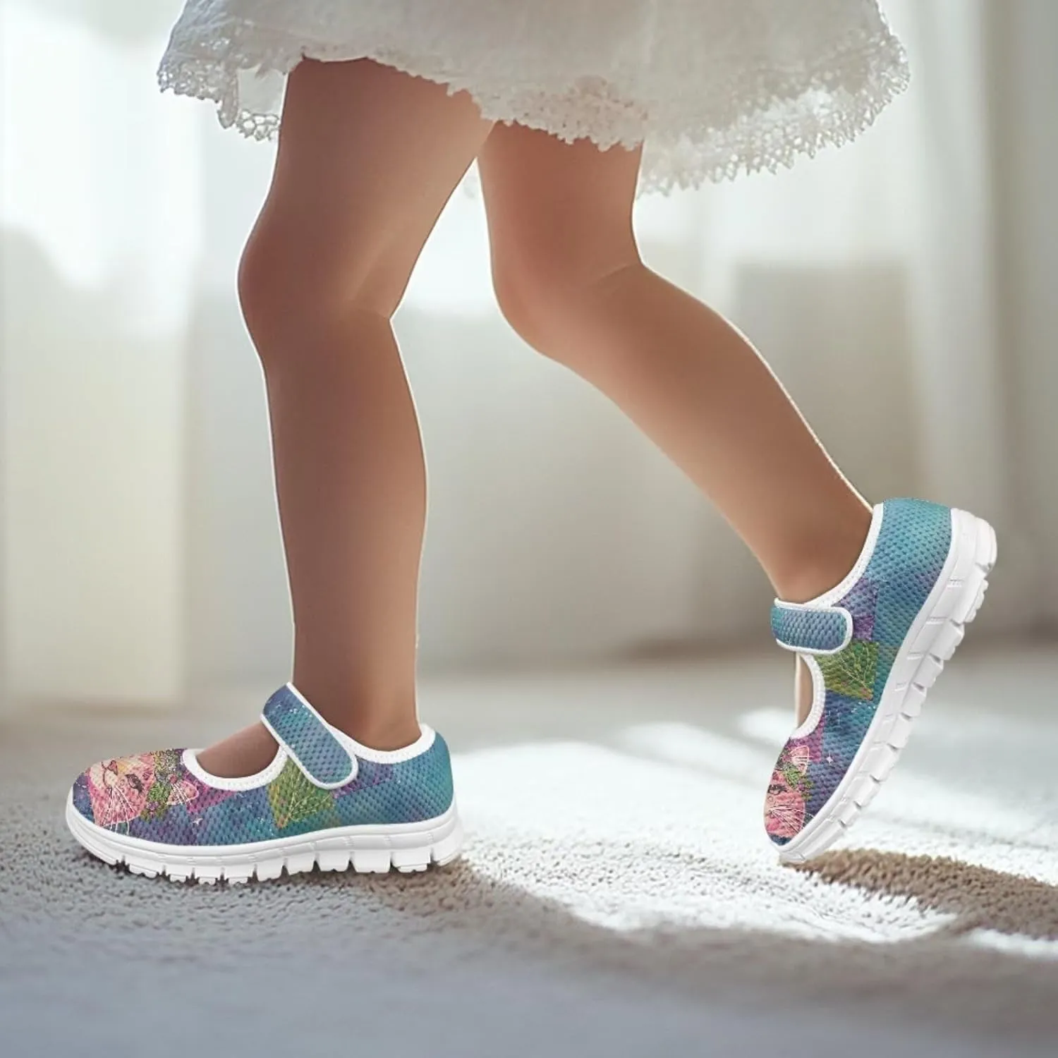 Cat Print Girls Mary Janes Shoes Breathable School Shoes Non Slip School Running Dress Shoes with Magic Sticker Strap