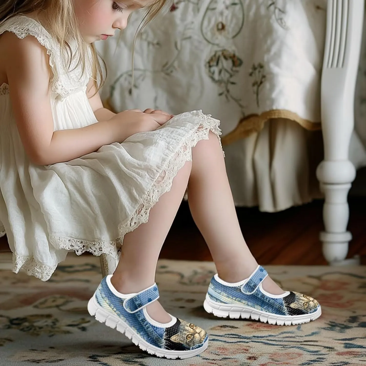 Cat Print Girls Mary Janes Shoes Breathable School Shoes Non Slip School Running Dress Shoes with Magic Sticker Strap