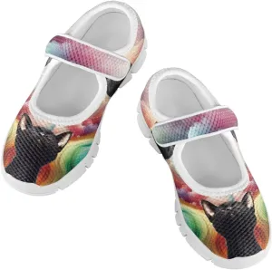 Cat Print Girls Mary Janes Shoes Breathable School Shoes Non Slip School Running Dress Shoes with Magic Sticker Strap