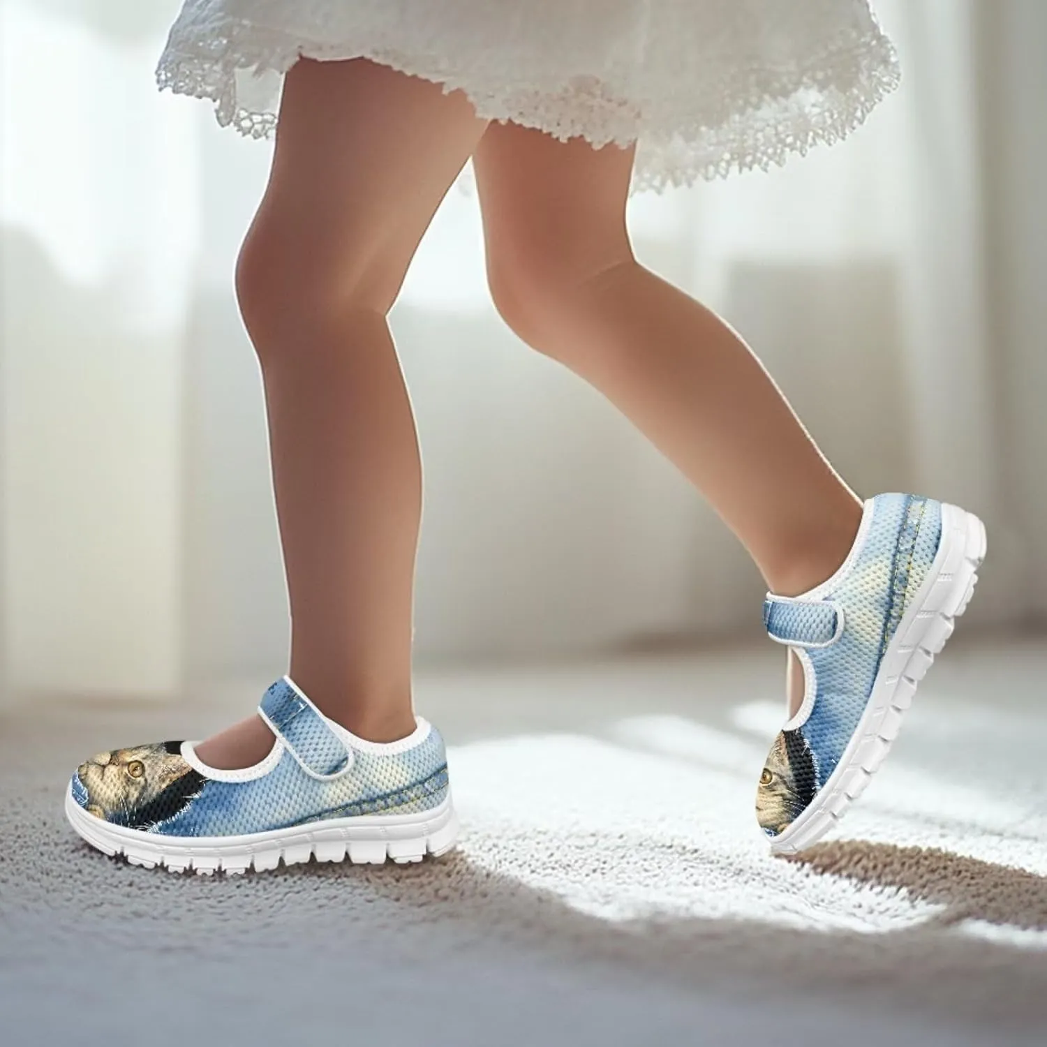 Cat Print Girls Mary Janes Shoes Breathable School Shoes Non Slip School Running Dress Shoes with Magic Sticker Strap
