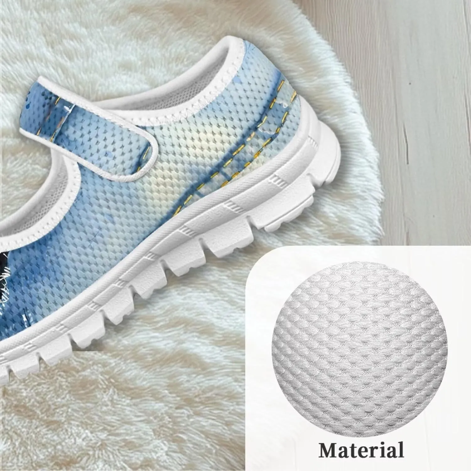 Cat Print Girls Mary Janes Shoes Breathable School Shoes Non Slip School Running Dress Shoes with Magic Sticker Strap