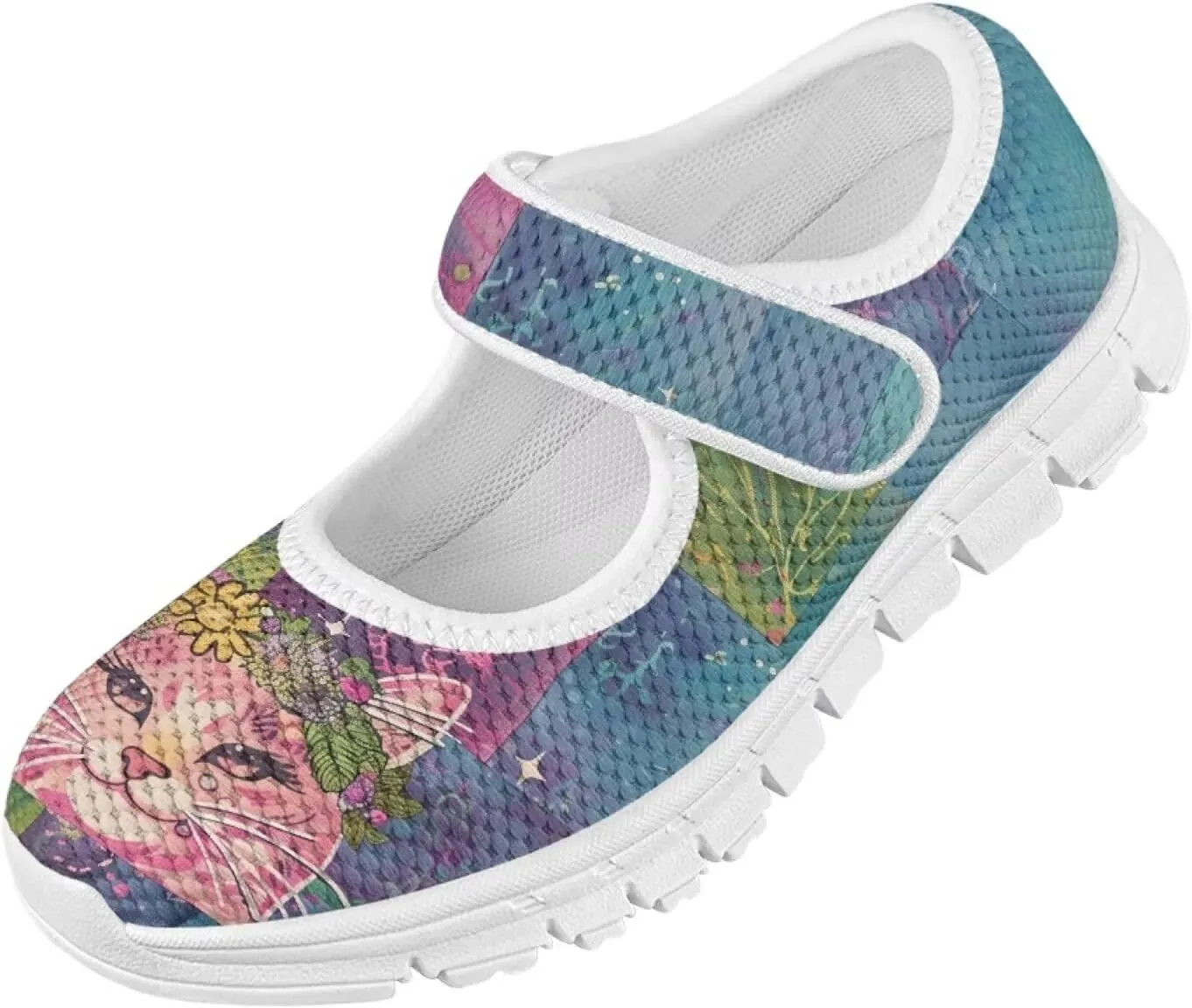 Cat Print Girls Mary Janes Shoes Breathable School Shoes Non Slip School Running Dress Shoes with Magic Sticker Strap