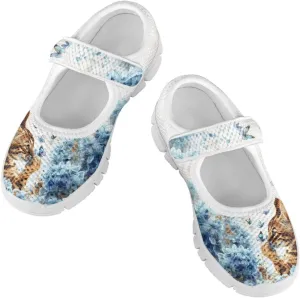 Cat Print Girls Mary Janes Shoes Breathable School Shoes Non Slip School Running Dress Shoes with Magic Sticker Strap