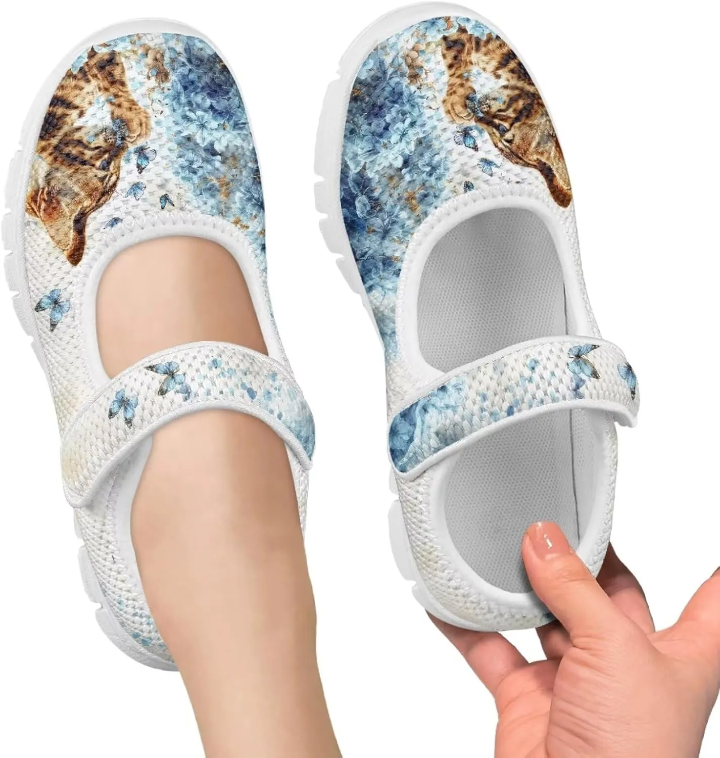 Cat Print Girls Mary Janes Shoes Breathable School Shoes Non Slip School Running Dress Shoes with Magic Sticker Strap