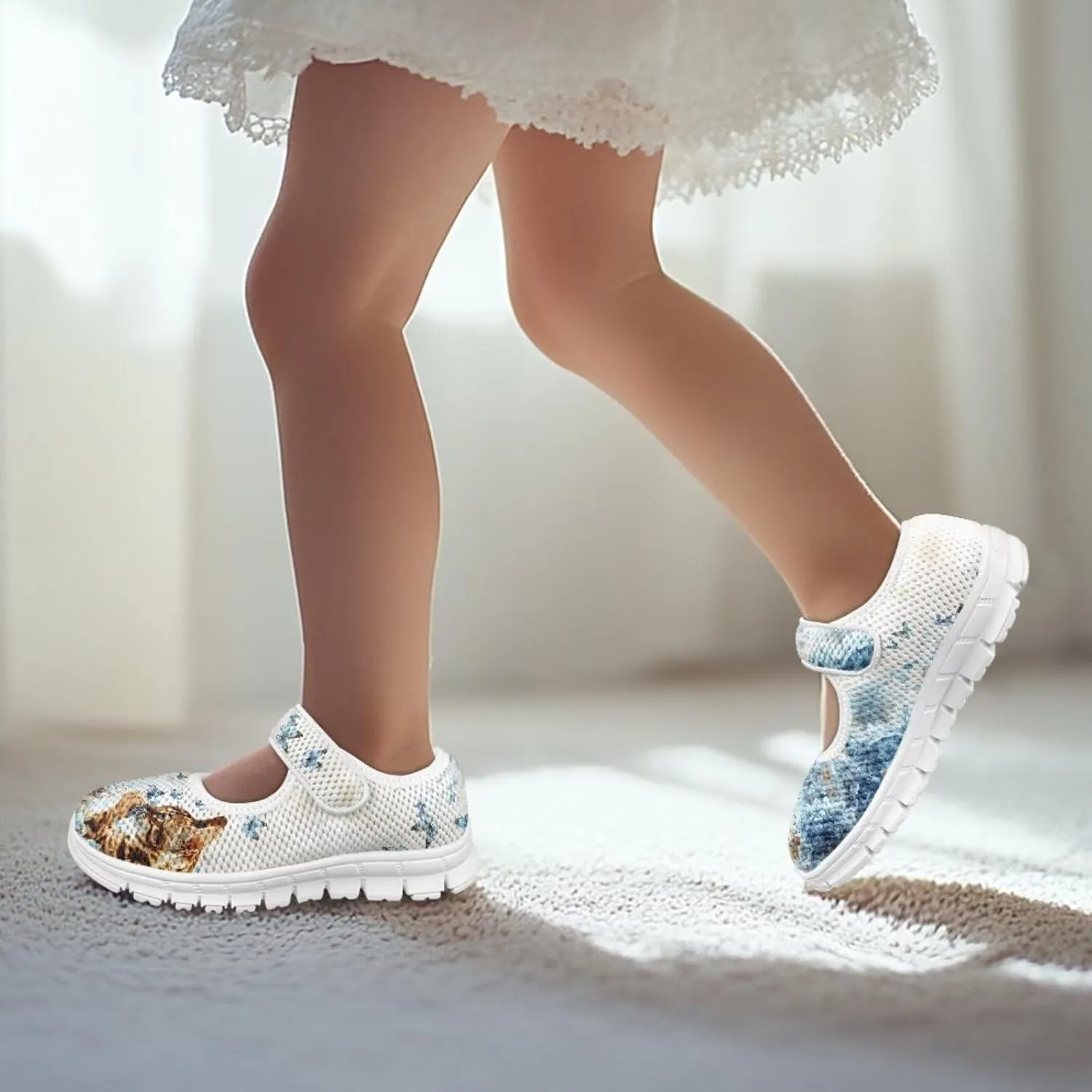 Cat Print Girls Mary Janes Shoes Breathable School Shoes Non Slip School Running Dress Shoes with Magic Sticker Strap
