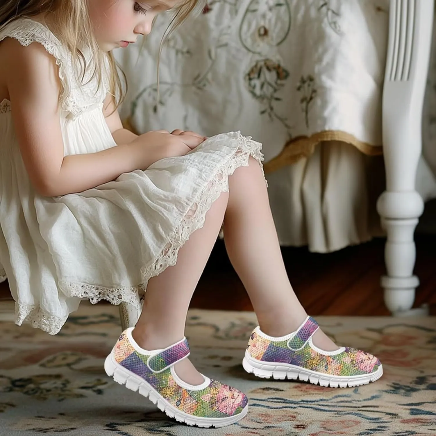 Cat Print Girls Mary Janes Shoes Breathable School Shoes Non Slip School Running Dress Shoes with Magic Sticker Strap