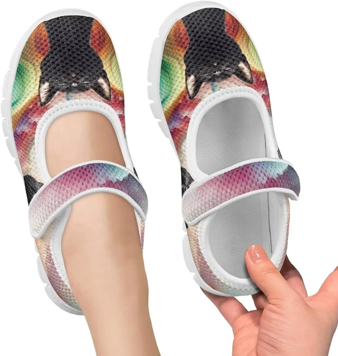 Cat Print Girls Mary Janes Shoes Breathable School Shoes Non Slip School Running Dress Shoes with Magic Sticker Strap
