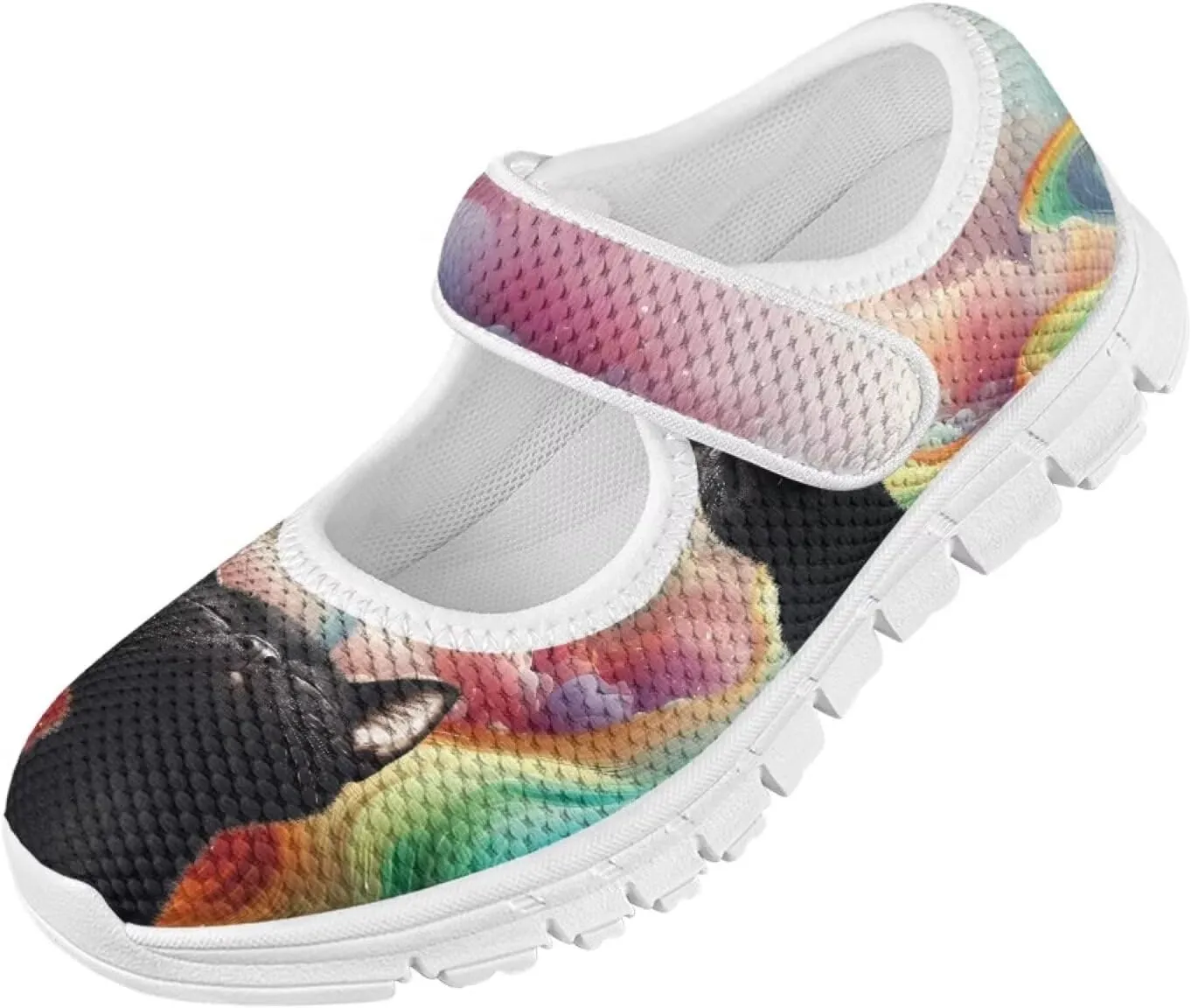Cat Print Girls Mary Janes Shoes Breathable School Shoes Non Slip School Running Dress Shoes with Magic Sticker Strap