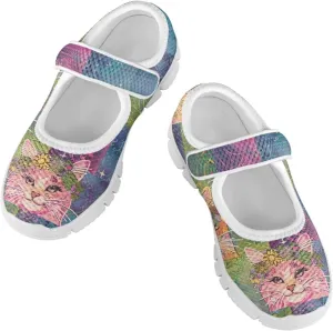 Cat Print Girls Mary Janes Shoes Breathable School Shoes Non Slip School Running Dress Shoes with Magic Sticker Strap