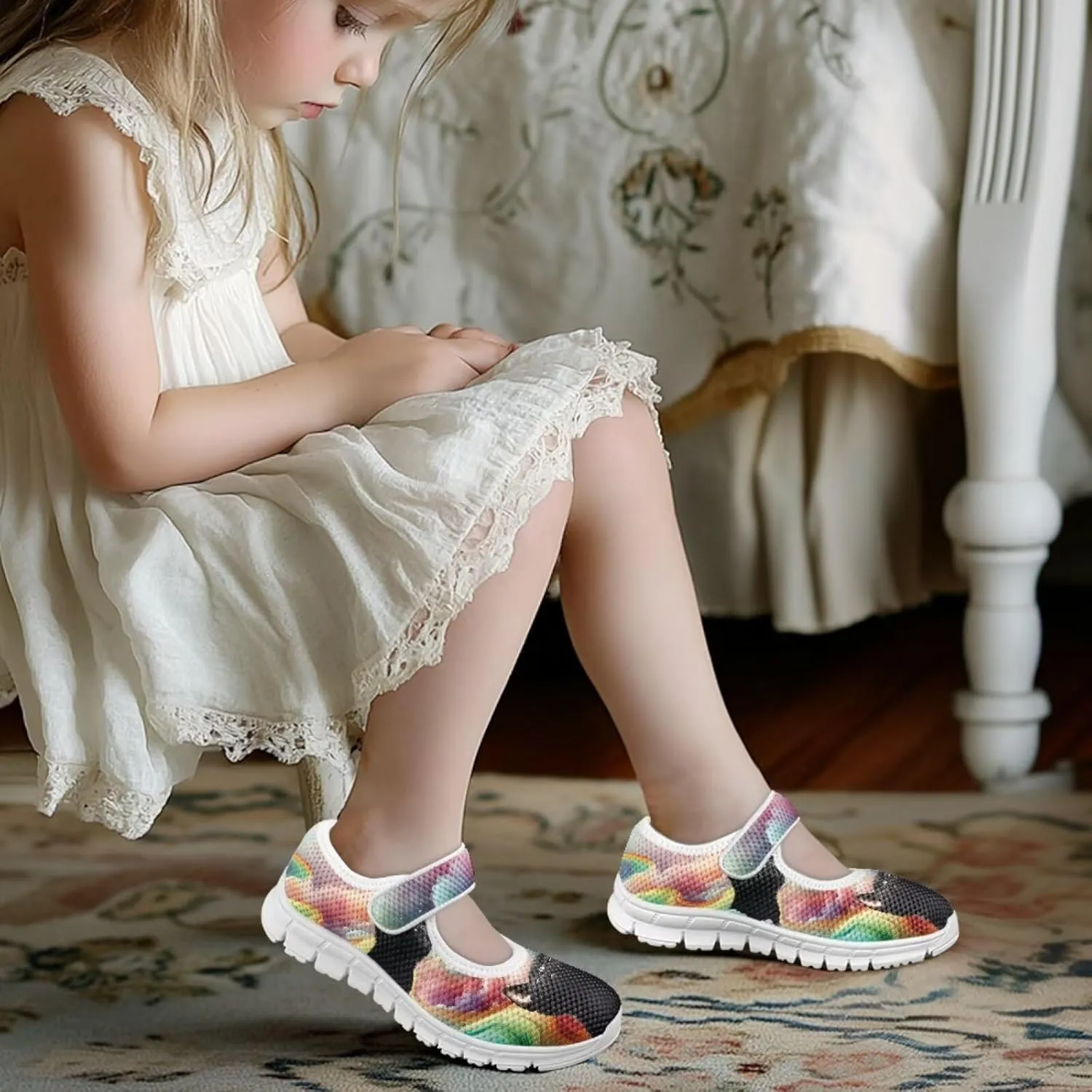 Cat Print Girls Mary Janes Shoes Breathable School Shoes Non Slip School Running Dress Shoes with Magic Sticker Strap