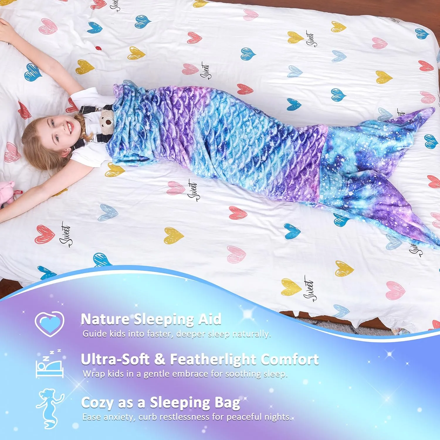 Catalonia Kids Mermaid Tail Blanket, Super Soft Plush Flannel Sleeping Snuggle Blanket for Girls, Galaxy, Fish Scale Pattern, Gift Idea