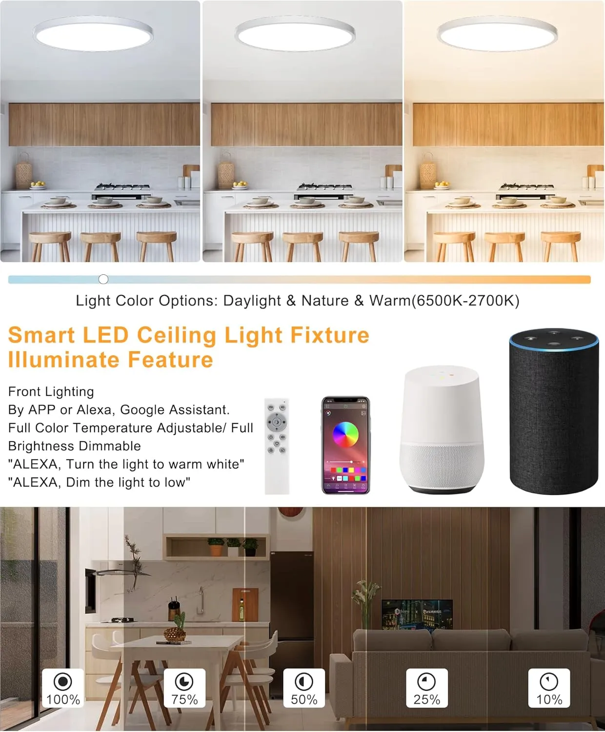 Ceiling Light LED Dimmable Flush Mount RGB Panel Smart Alexa Google Home WiFi with Remote Control for Living Room Bedroom Dinning Kitchen Hallway Bathroom Round 12Inch 24W White