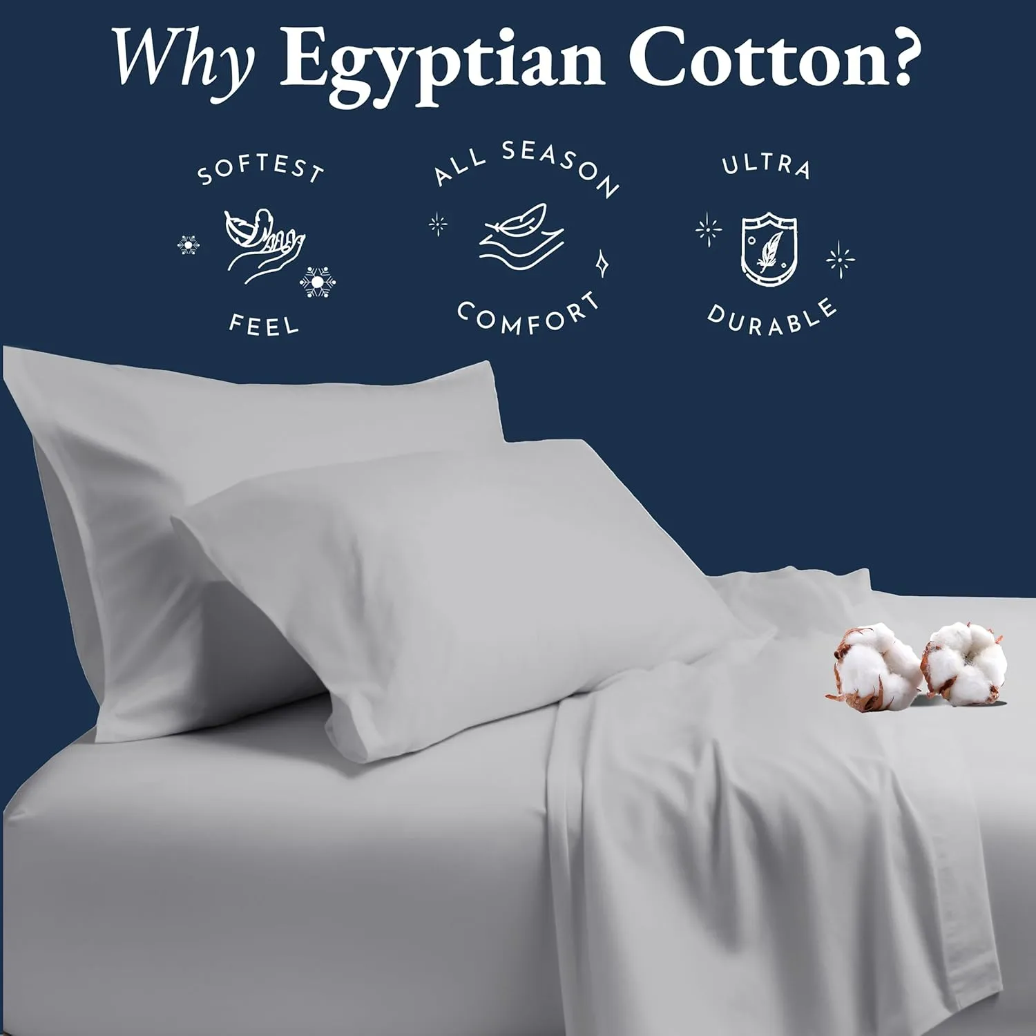 Certified Luxury 100% Egyptian Cotton Sheets, Queen Size Sheets, Deep Pocket Bed Sheets Set, Sateen Cooling Sheets for Hot Sleepers, Queen Egyptian Cotton Sheet Set, Light Grey Queen Sheet Set