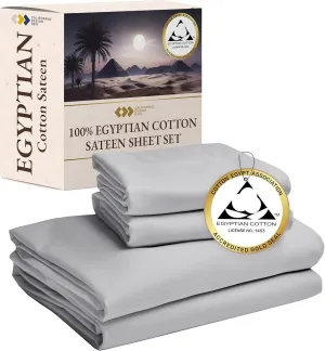 Certified Luxury 100% Egyptian Cotton Sheets, Queen Size Sheets, Deep Pocket Bed Sheets Set, Sateen Cooling Sheets for Hot Sleepers, Queen Egyptian Cotton Sheet Set, Light Grey Queen Sheet Set