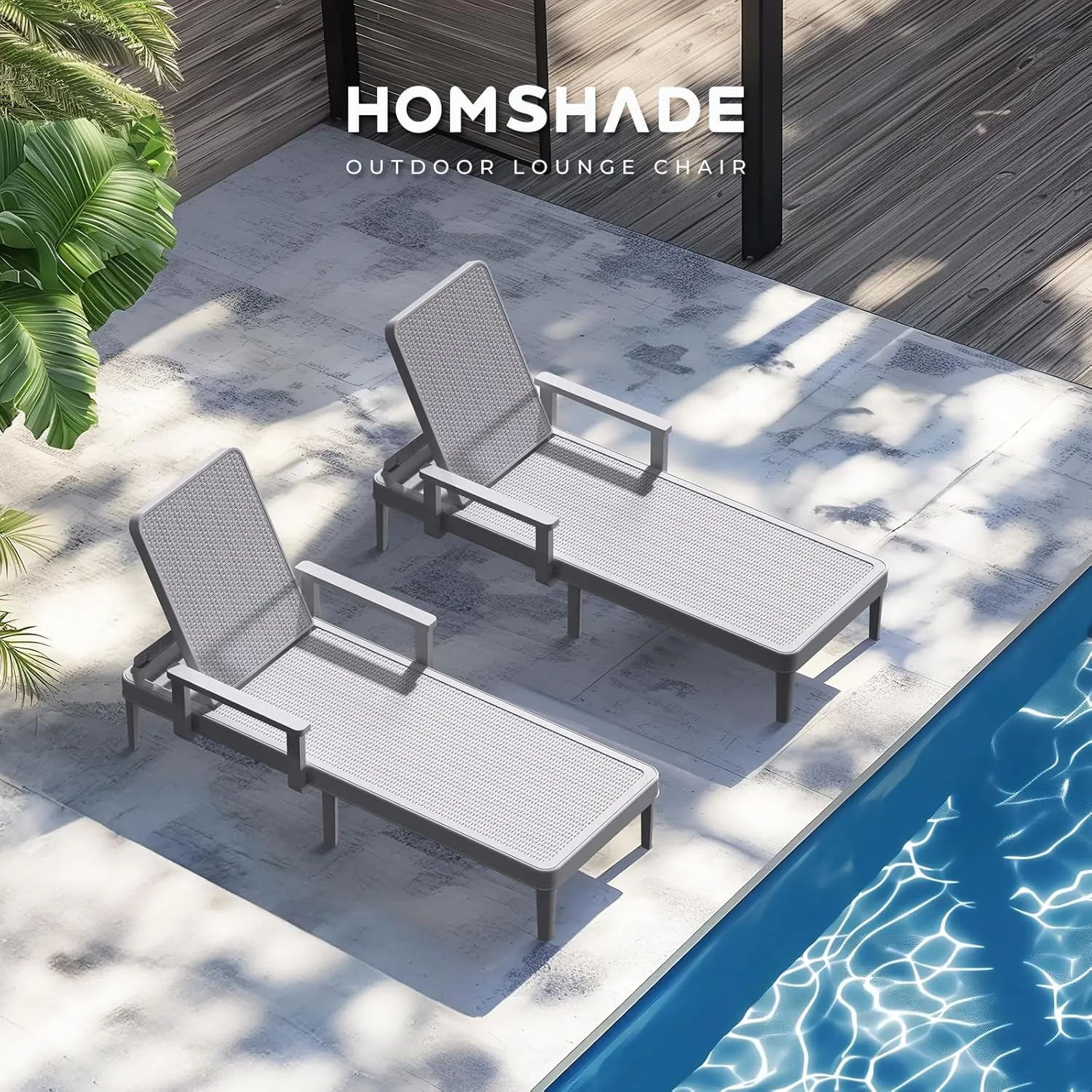 Chaise Lounge Chair Outdoor - 5 Position Adjustable Backrest with Armrest, 300lb Weight Capacity for Pool, Waterproof, Resin, Light Grey
