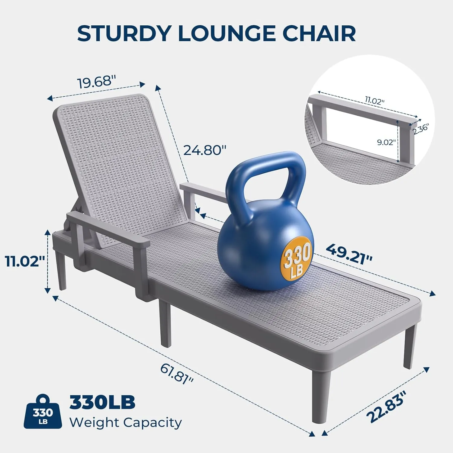 Chaise Lounge Chair Outdoor - 5 Position Adjustable Backrest with Armrest, 300lb Weight Capacity for Pool, Waterproof, Resin, Light Grey
