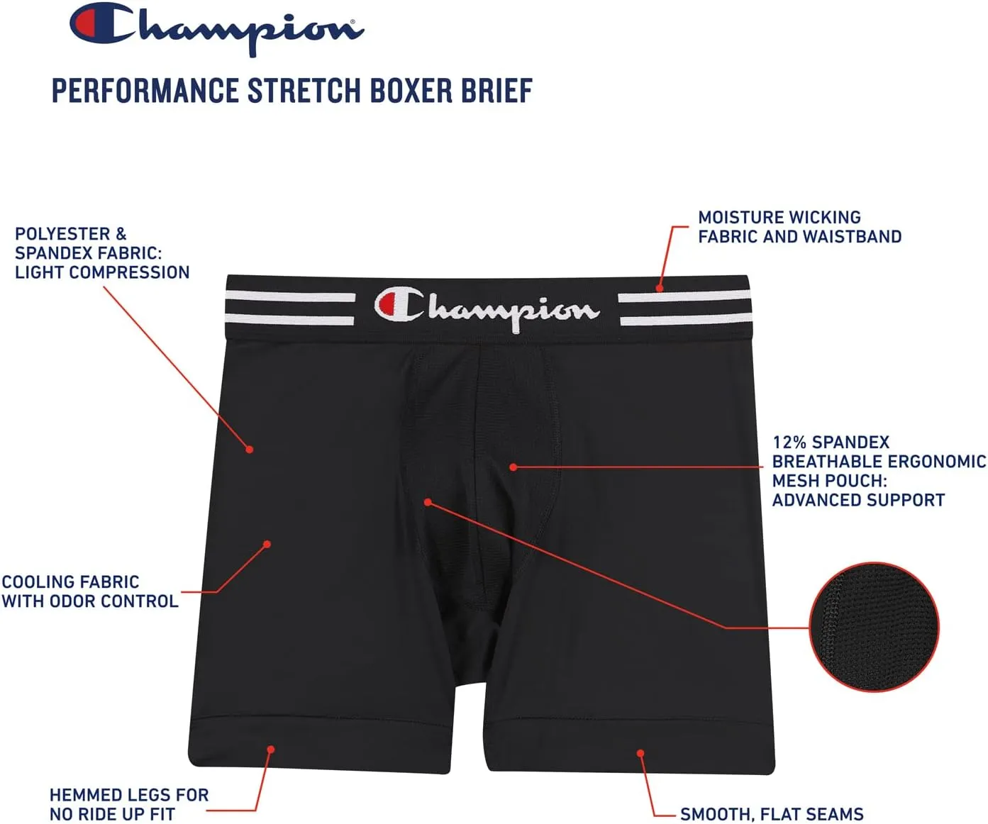 Champion Men's Cotton Moisture-Wicking Performance Stretch Boxer Briefs, 3-Pack