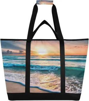 Clear Beach Sunset Reusable Insulated Lunchbox Cooler Bag, Leakproof Kitchen Grocery Bag Collapsible Portable Cooler Tote Bag for Picnic, Camping, Office, Travel